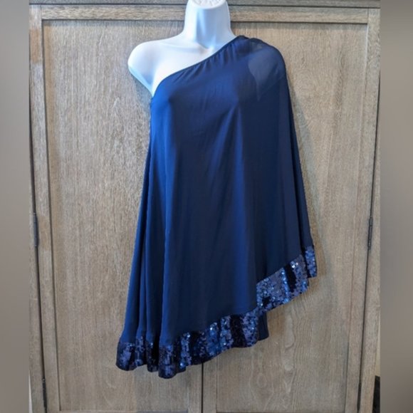 JB by Julie Brown Silk and Sequin Black One Shoulder Cape Dress Size 0 - Picture 2 of 15
